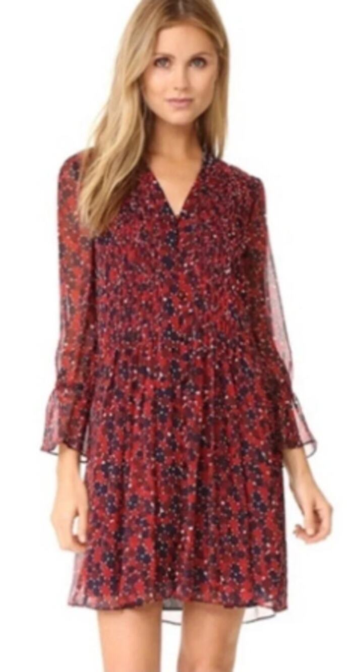 Diane von Furstenberg Kourtni Silk Pintuck Print Long Sleeve Shift Mini Dress 8